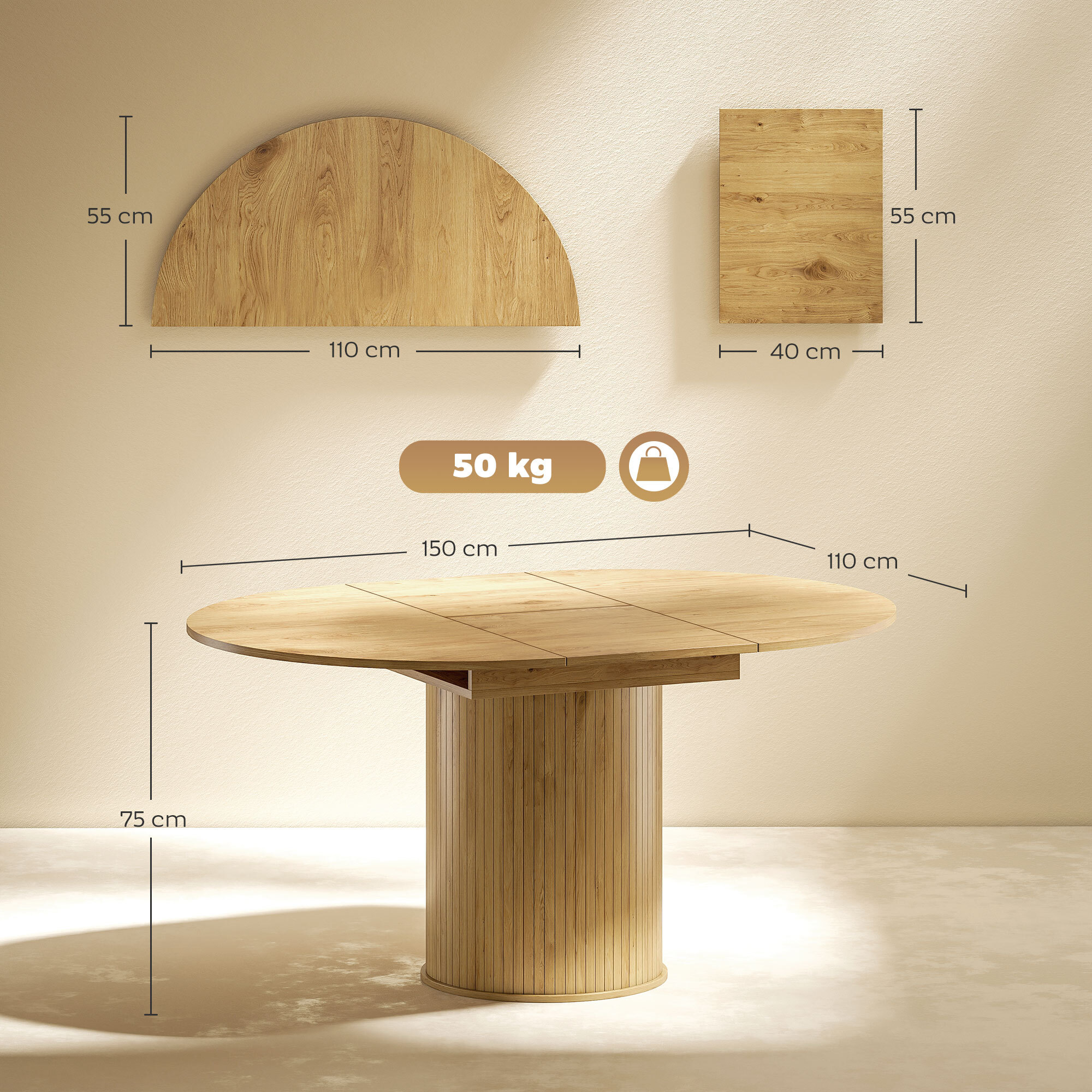 Mesa de Comedor Extensible Redonda, 110-150 cm, Mesa de Cocina Extensible, para 6-8 Personas, con Base Estriada Ancha, para Salón, 110-150x110x75 cm, Madera Natural
