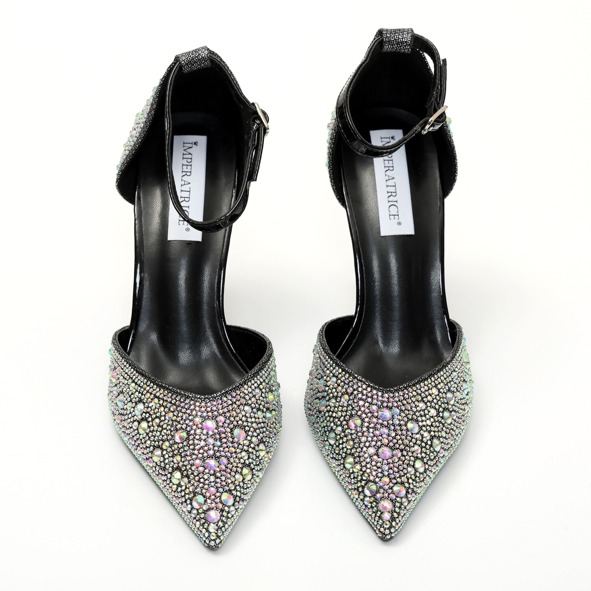 Sandali in simil pelle ricoperti di strass con tacco a spillo