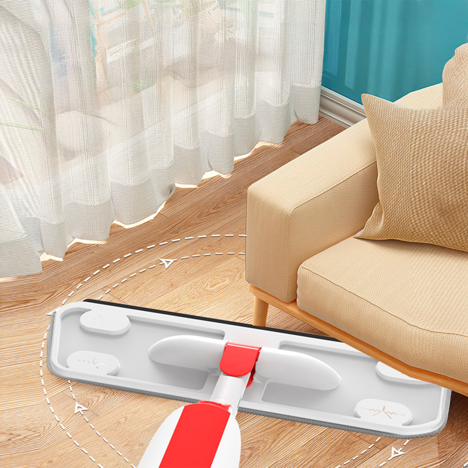 Mopa con pulverizador, depósito de líquido y cabezal giratorio 360º.