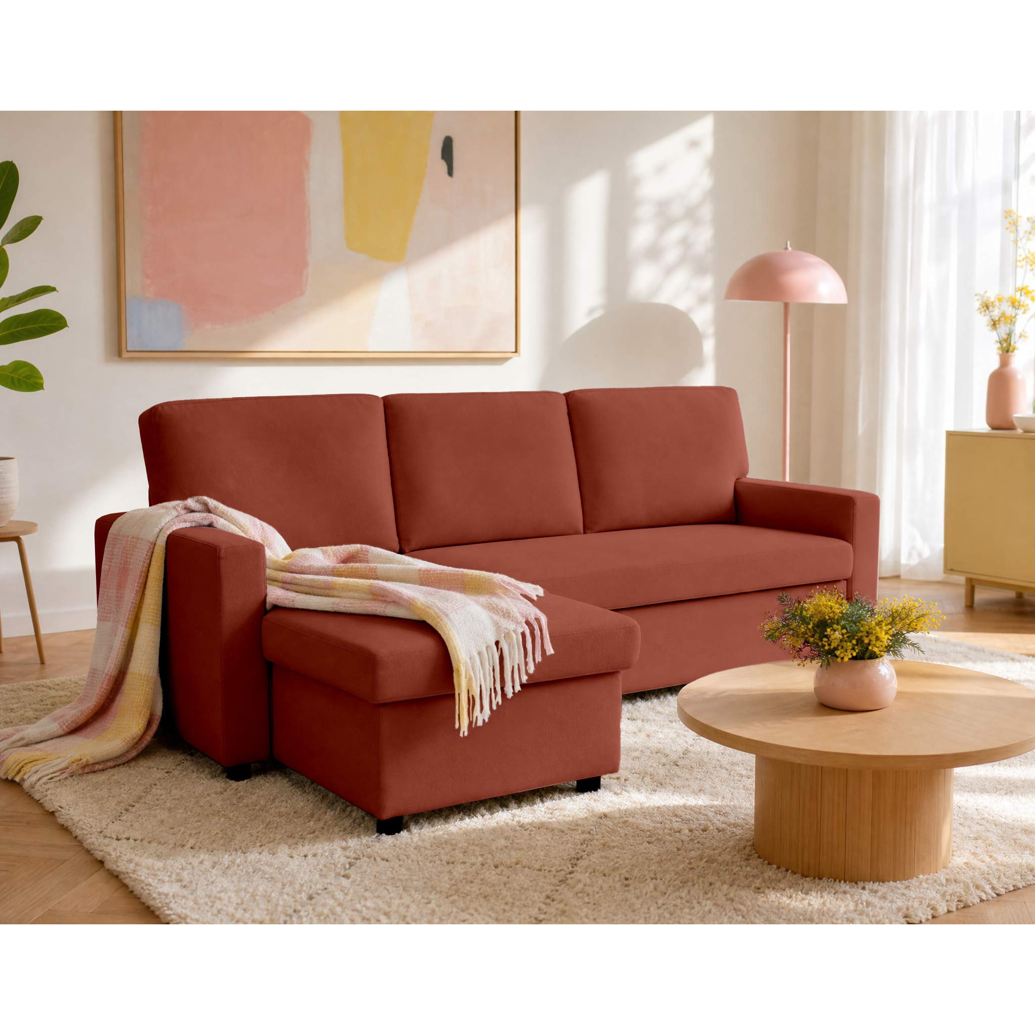 Meiya - canapé d'angle réversible 4 places convertible avec coffre en tissu - Terracotta