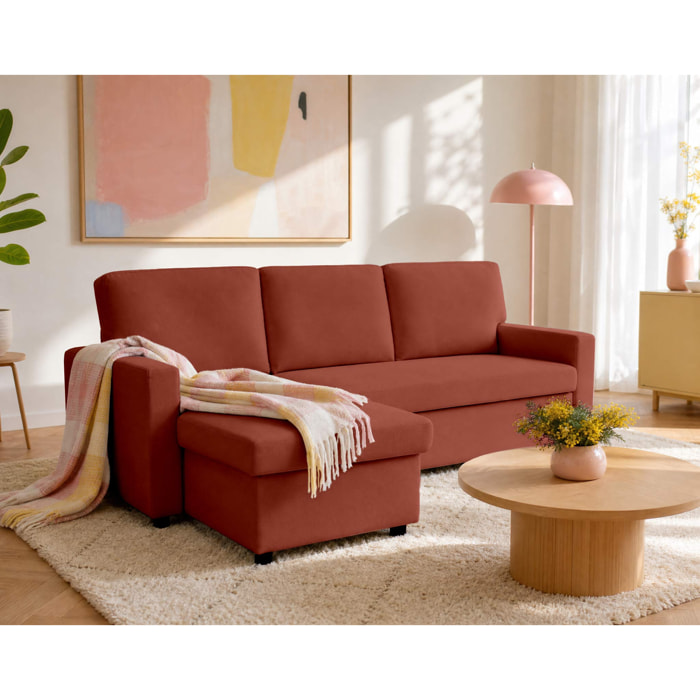 Meiya - canapé d'angle réversible 4 places convertible avec coffre en tissu - Terracotta