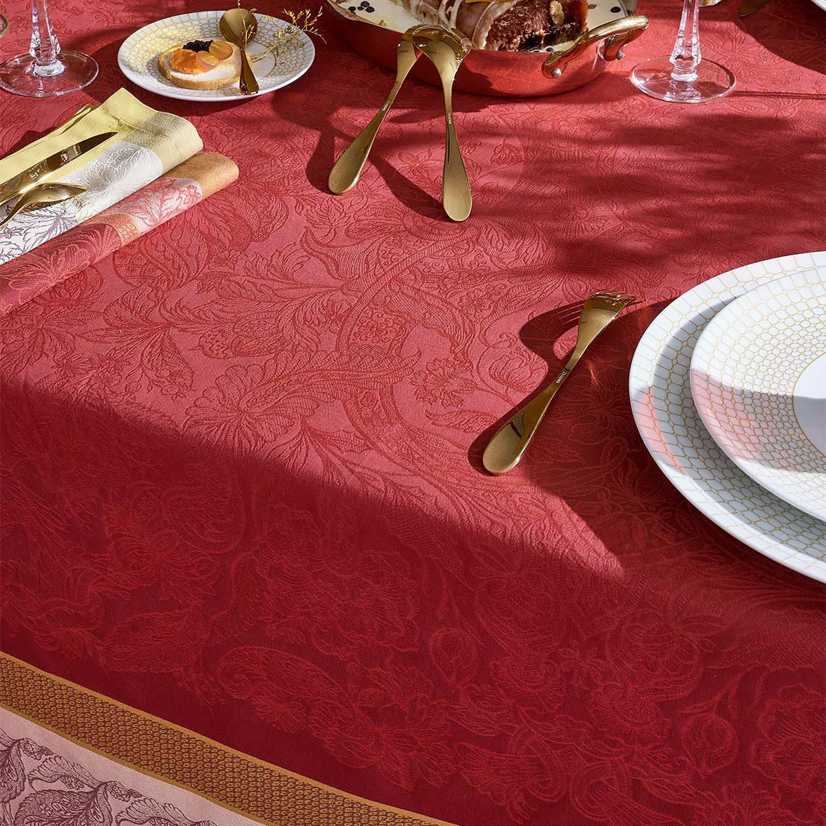 Set pur coton anti tache motif jacquard Alexandria rubis