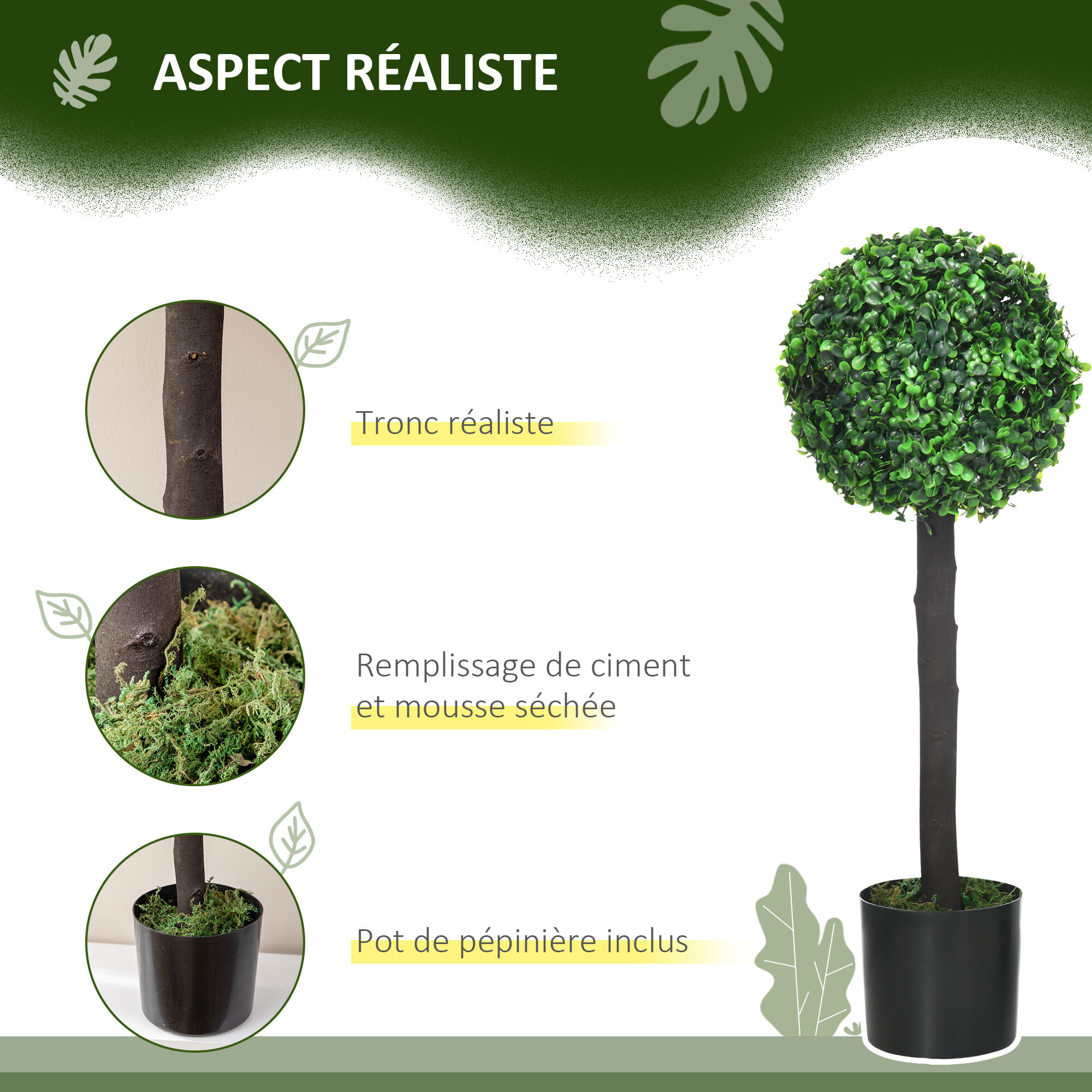 Lot de 2 buis artificiels topiaires artificielles en forme de boule dim. Ø 20 x 60H cm pots inclus