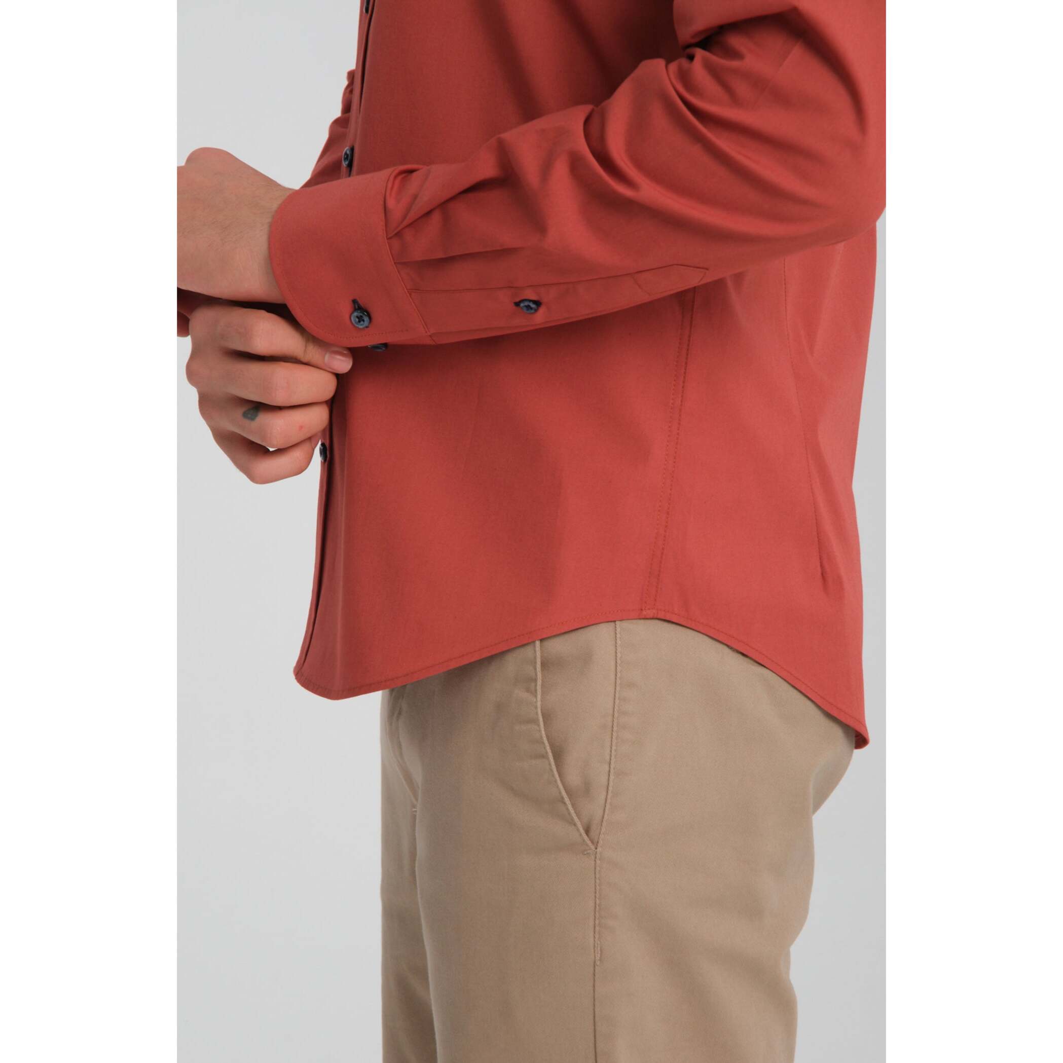 Camicia Uomo 1 Bottoni Button Down Slim Popeline Stretch Unito Rosso Mattone