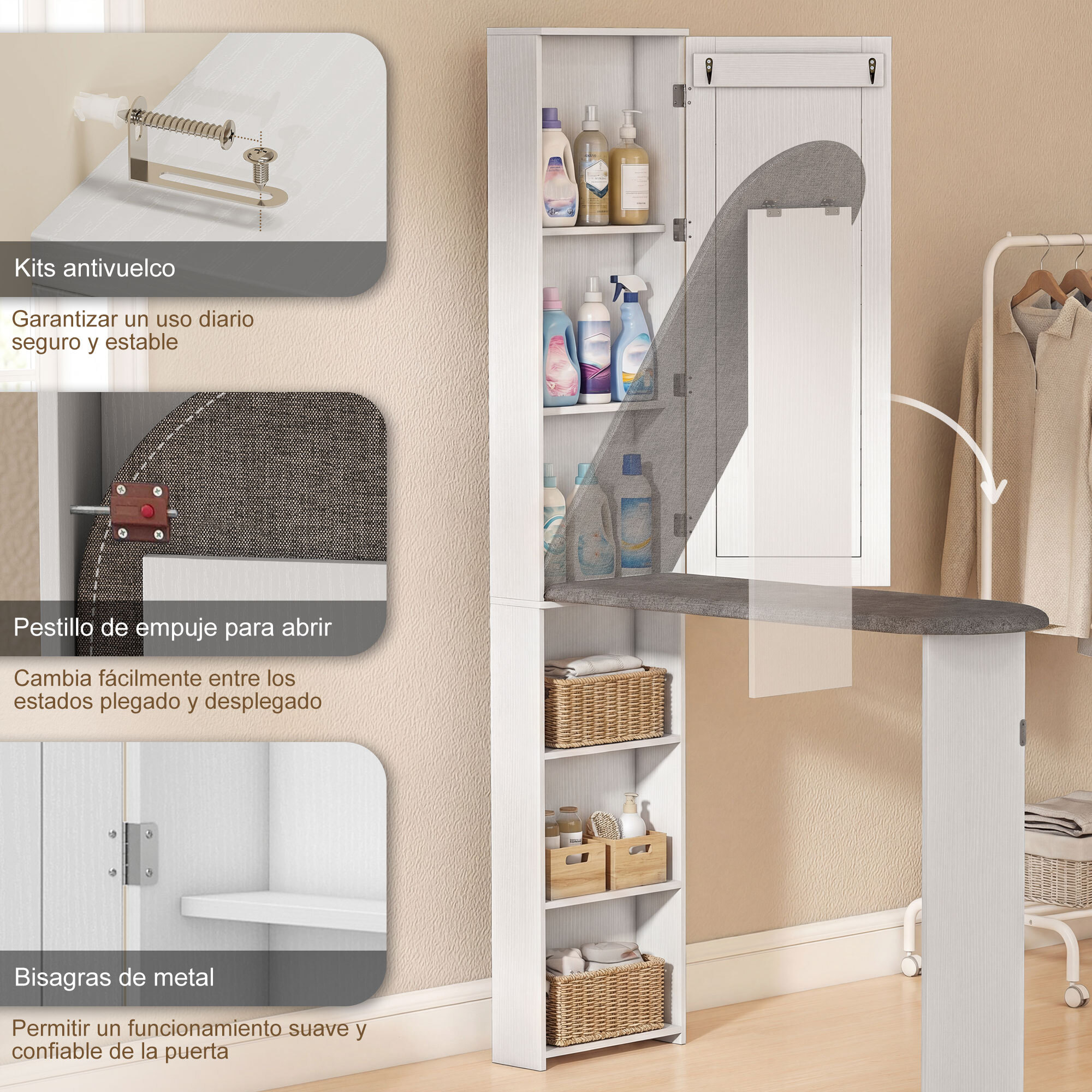 Mueble de Plancha con Espejo, Tabla de Planchar Plegable, Mueble Planchador con 6 Compartimentos, 2 Ganchos, para Espacios Reducidos, 107x35x174 cm, Blanco