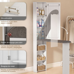 Mueble de Plancha con Espejo, Tabla de Planchar Plegable, Mueble Planchador con 6 Compartimentos, 2 Ganchos, para Espacios Reducidos, 107x35x174 cm, Blanco
