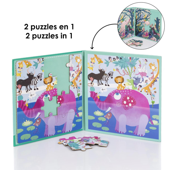Puzzle di design Animal World di 40 pezzi magnetici. Formato a libro, 2 puzzle da 20 pezzi in 1.