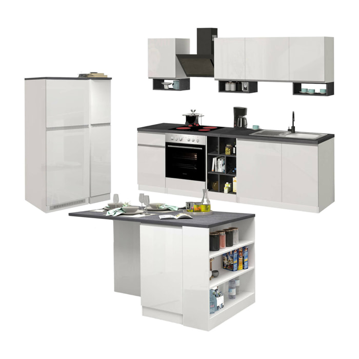 Cucina completa Balme, Set con dispensa, Mobile per cucinotto, Kit blocco con isola e portafrigo, 100% Made in Italy, Bianco lucido e Ardesia