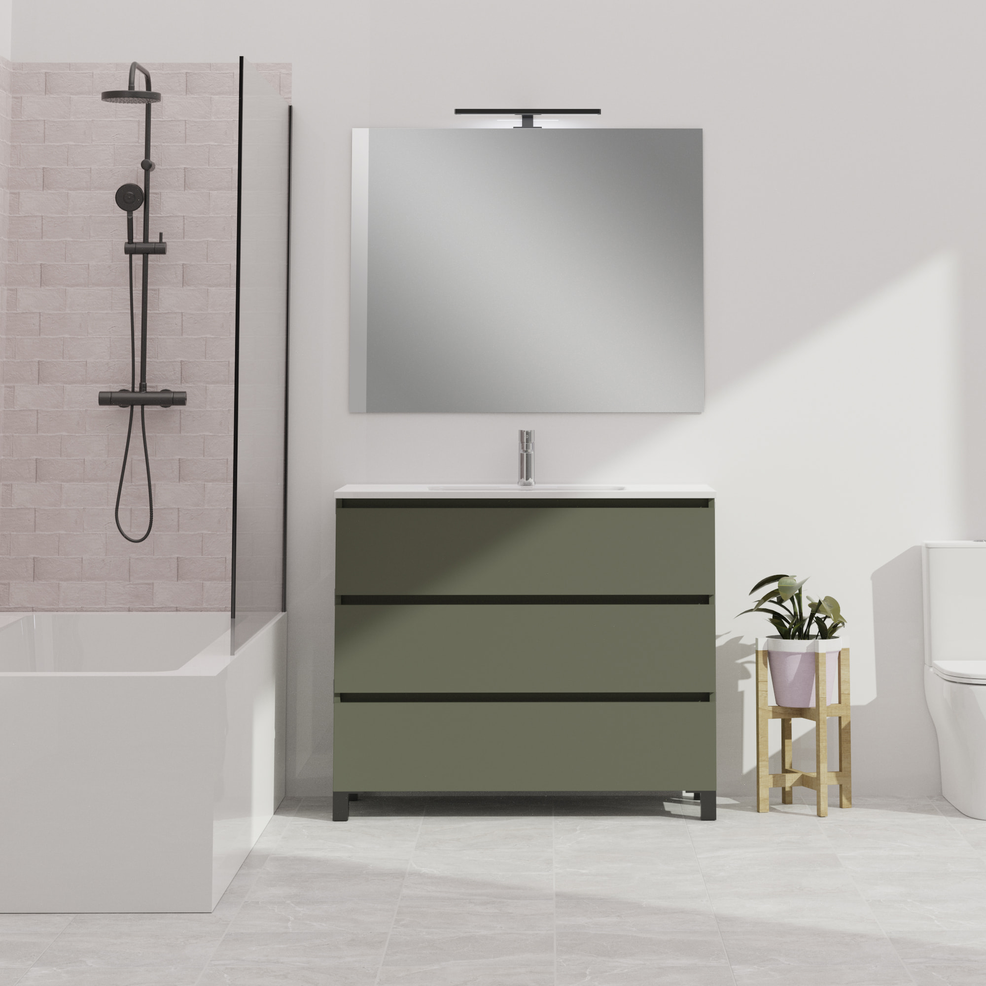 Conjunto de baño Wink | 100 cm Verde Musgo | Tres cajones | Lavabo encastrado | No incluye espejo | Mueble montado | Alday