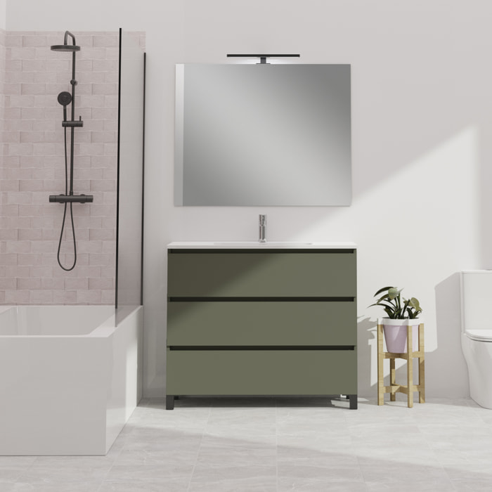 Conjunto de baño Wink | 100 cm Verde Musgo | Tres cajones | Lavabo encastrado | No incluye espejo | Mueble montado | Alday