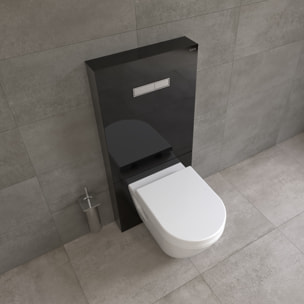 Pack WC Bâti support en verre trempé/aluminium brossé avec plaque intégrée, Noir + WC suspendu avec Abattant en Duroplast