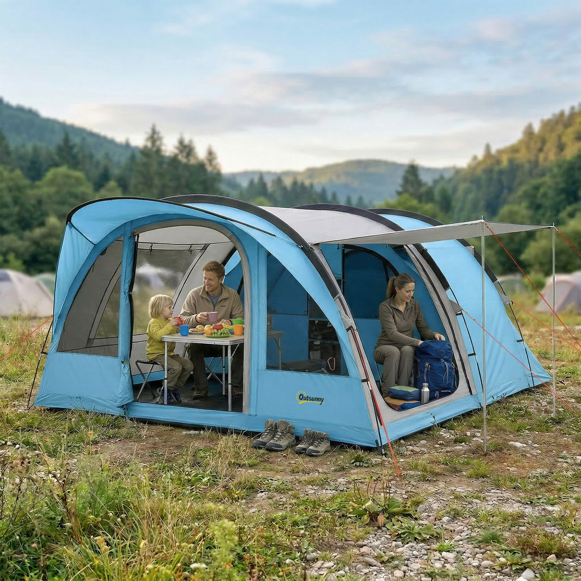 Tente camping tunnel 4 pers. imperméable 3000mm - 5,65x3,70x2m - bleu
