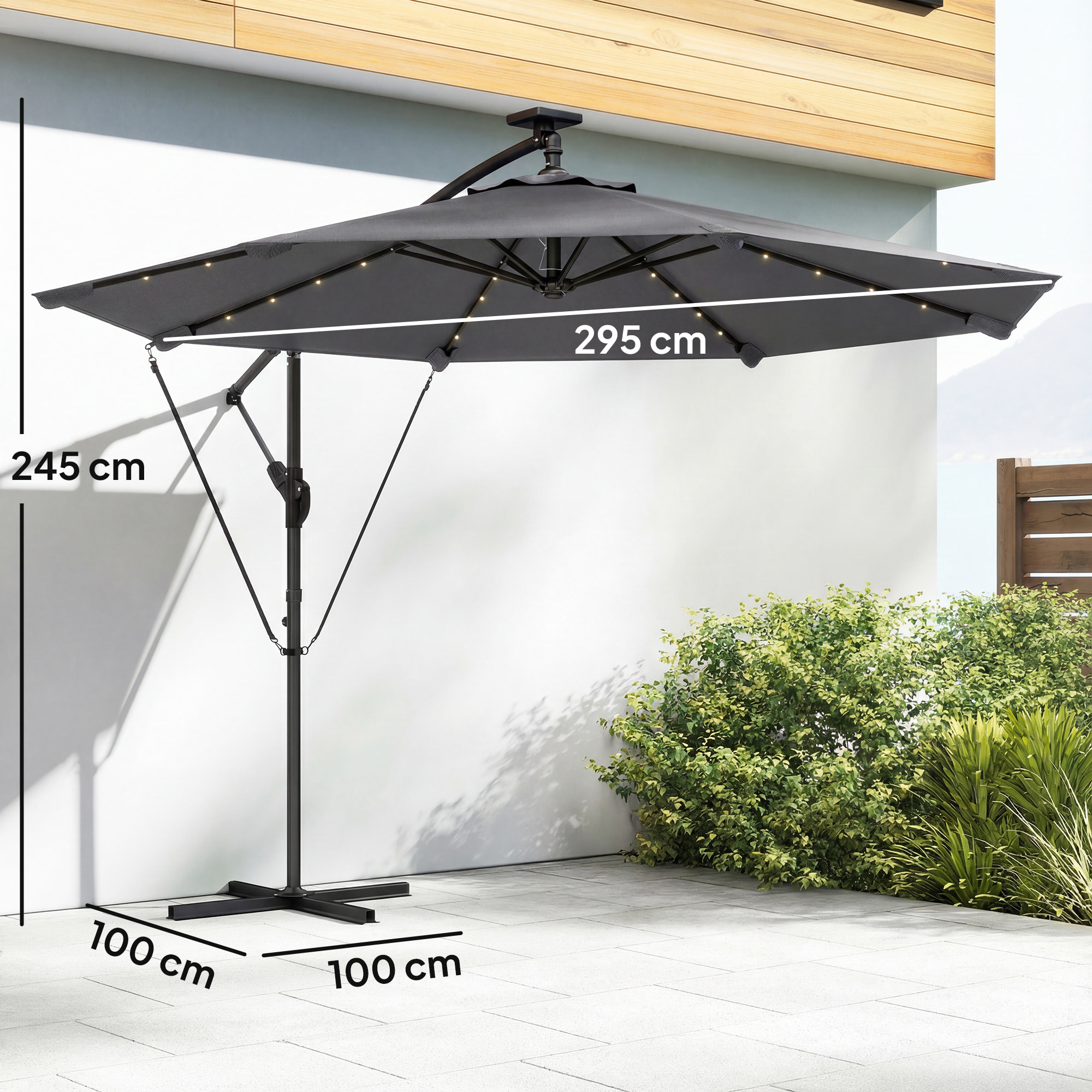 Parasol déporté LED dia. 295cm pivotant inclinable housse incluse