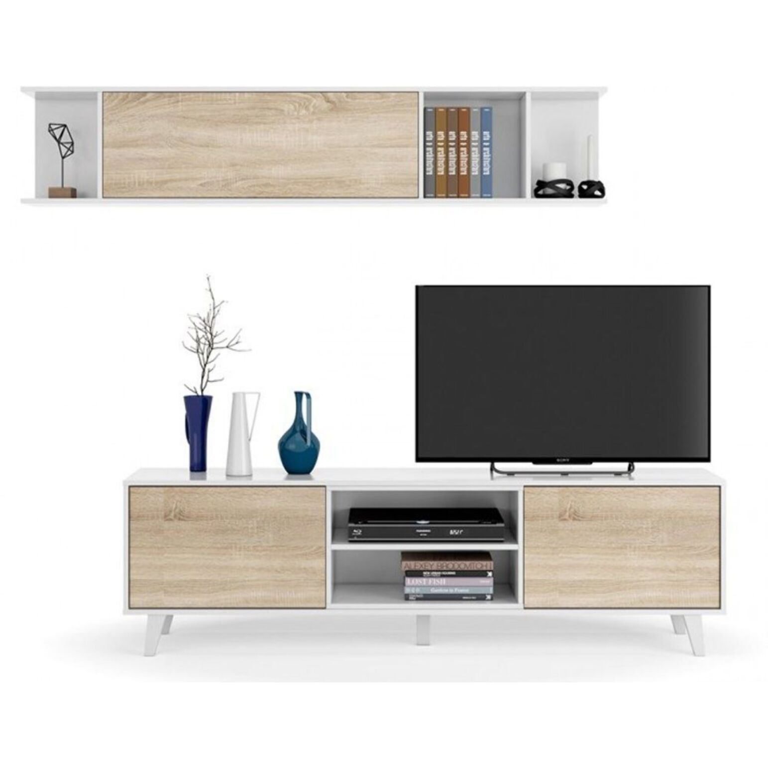 Parete Attrezzata Da Soggiorno Salotto Mobile TV Ante Soft Close Pensile Con Mensola Dsign Moderno Elegante 180x41x43 Cm Bianco Lucido Rovere