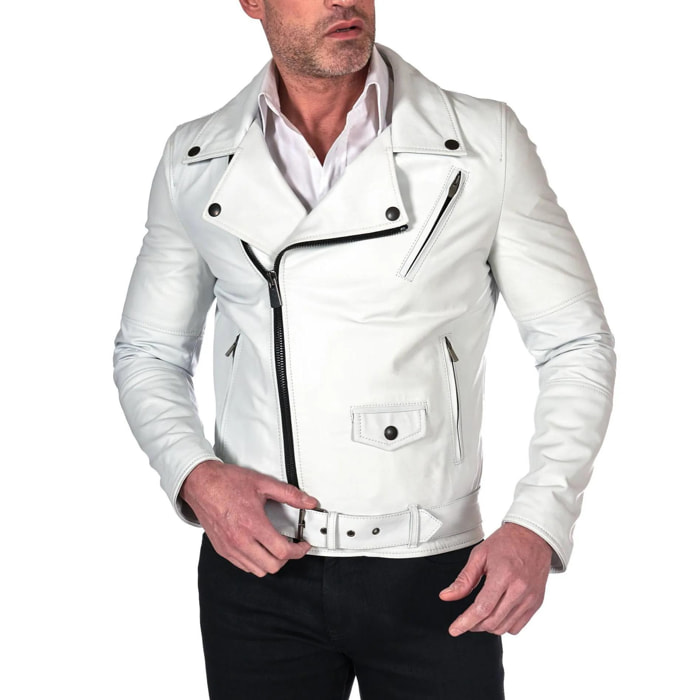 Chiodo biker in pelle bianca con cintura nappa effetto liscio