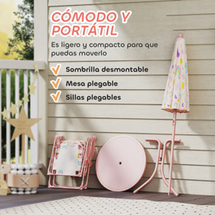 Conjunto de Mesa y Sillas Infantil de Jardín de 4 Piezas Mesa Infantil con Sillas Plegables Sombrilla Ajustable Diseño de Arcoíris para Patio Pícnic Rosa