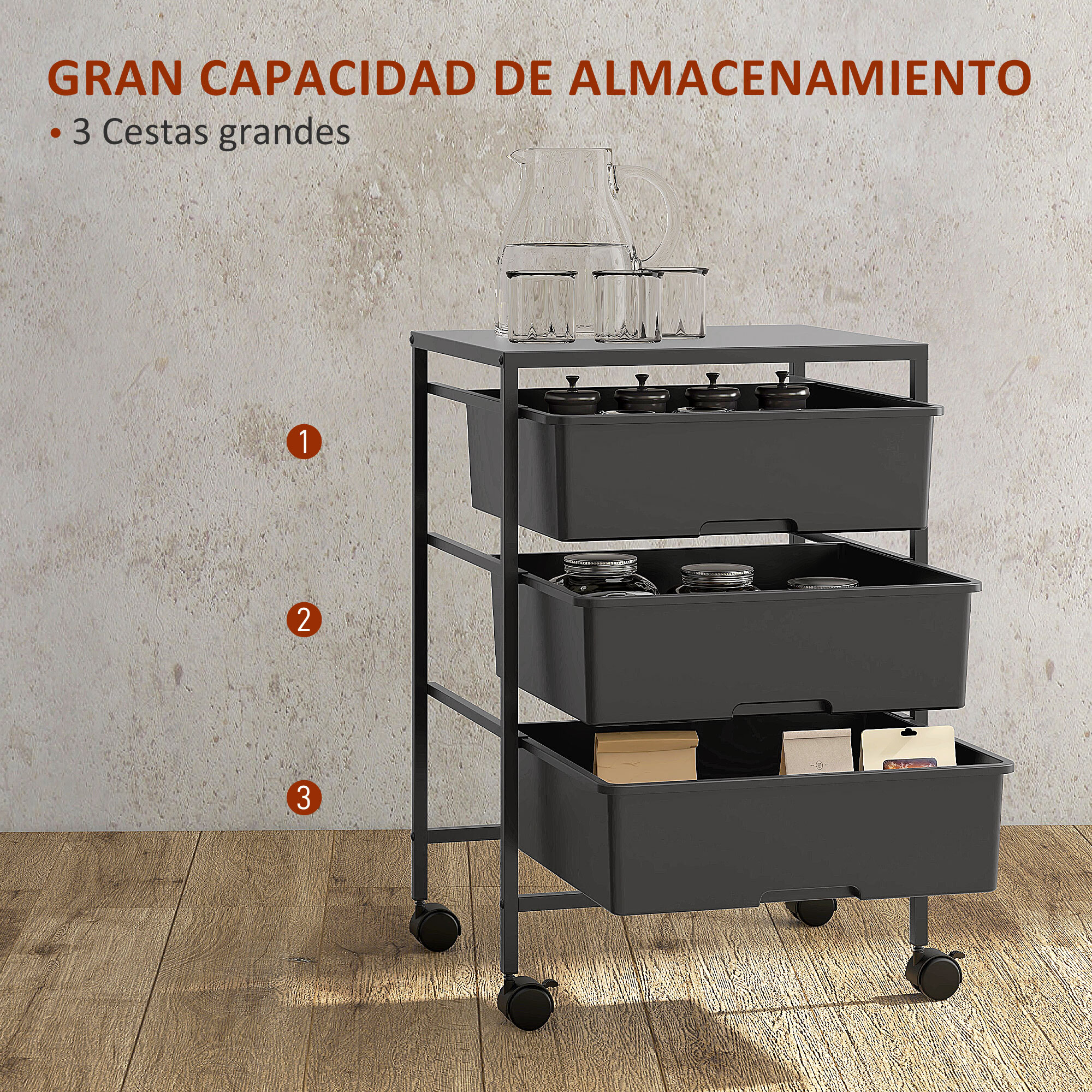 Carrito Auxiliar con Ruedas Carrito de Cocina de 3 Niveles con 3 Cestas para Almacenamiento y Marco de Acero para Comedor Sala Baño 40,8x33,5x60,5 cm Negro