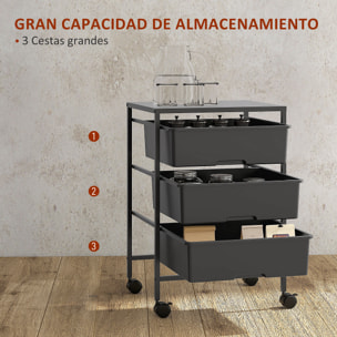 Carrito Auxiliar con Ruedas Carrito de Cocina de 3 Niveles con 3 Cestas para Almacenamiento y Marco de Acero para Comedor Sala Baño 40,8x33,5x60,5 cm Negro