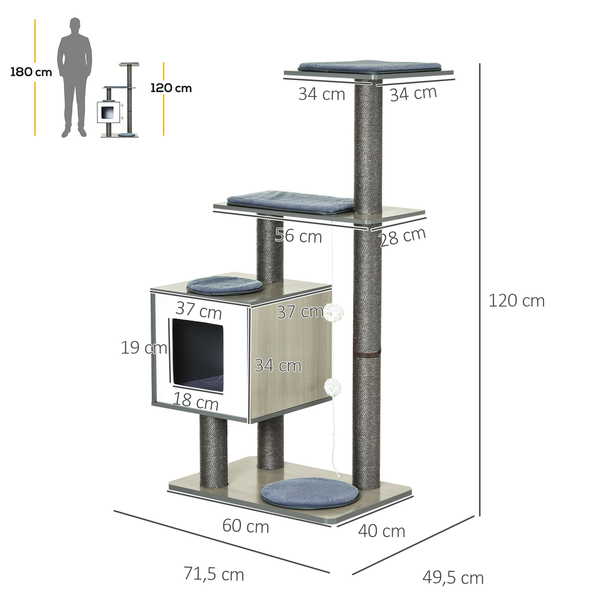 Árbol Rascador para Gatos de Madera 71,5x49,5x120 cm Torre de Gato con Cueva Plataformas Postes Rascadores de Sisal Cojines de Felpa Suave y Bolas Colgantes Gris