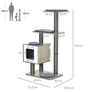 Árbol Rascador para Gatos de Madera 71,5x49,5x120 cm Torre de Gato con Cueva Plataformas Postes Rascadores de Sisal Cojines de Felpa Suave y Bolas Colgantes Gris