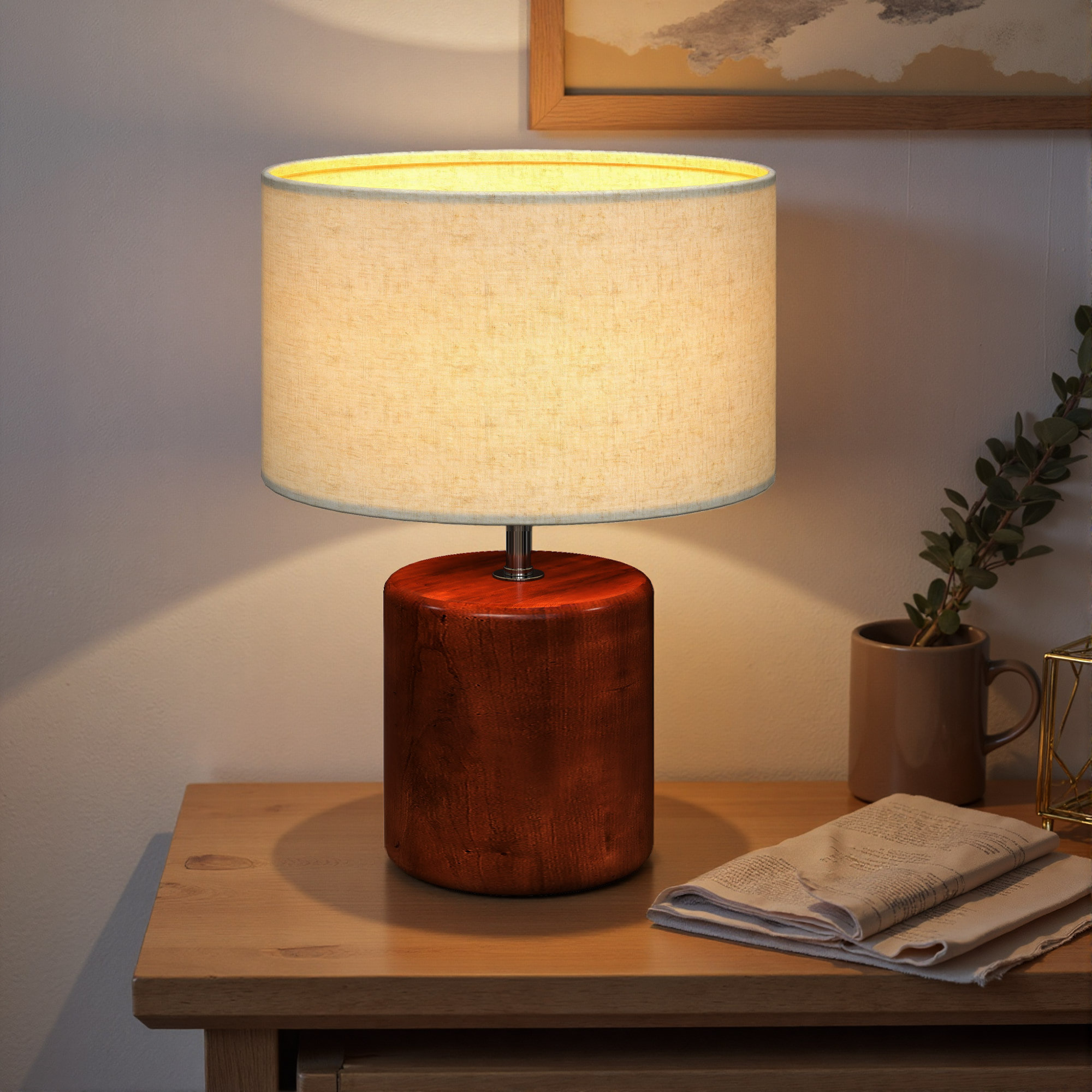 Lámpara de Mesa Rústica, Lámpara de Mesita de Noche con Base de Madera, Pantalla de Lino, Interruptor Basculante, para Dormitorio, Salón, E27, 40W, Marrón Oscuro