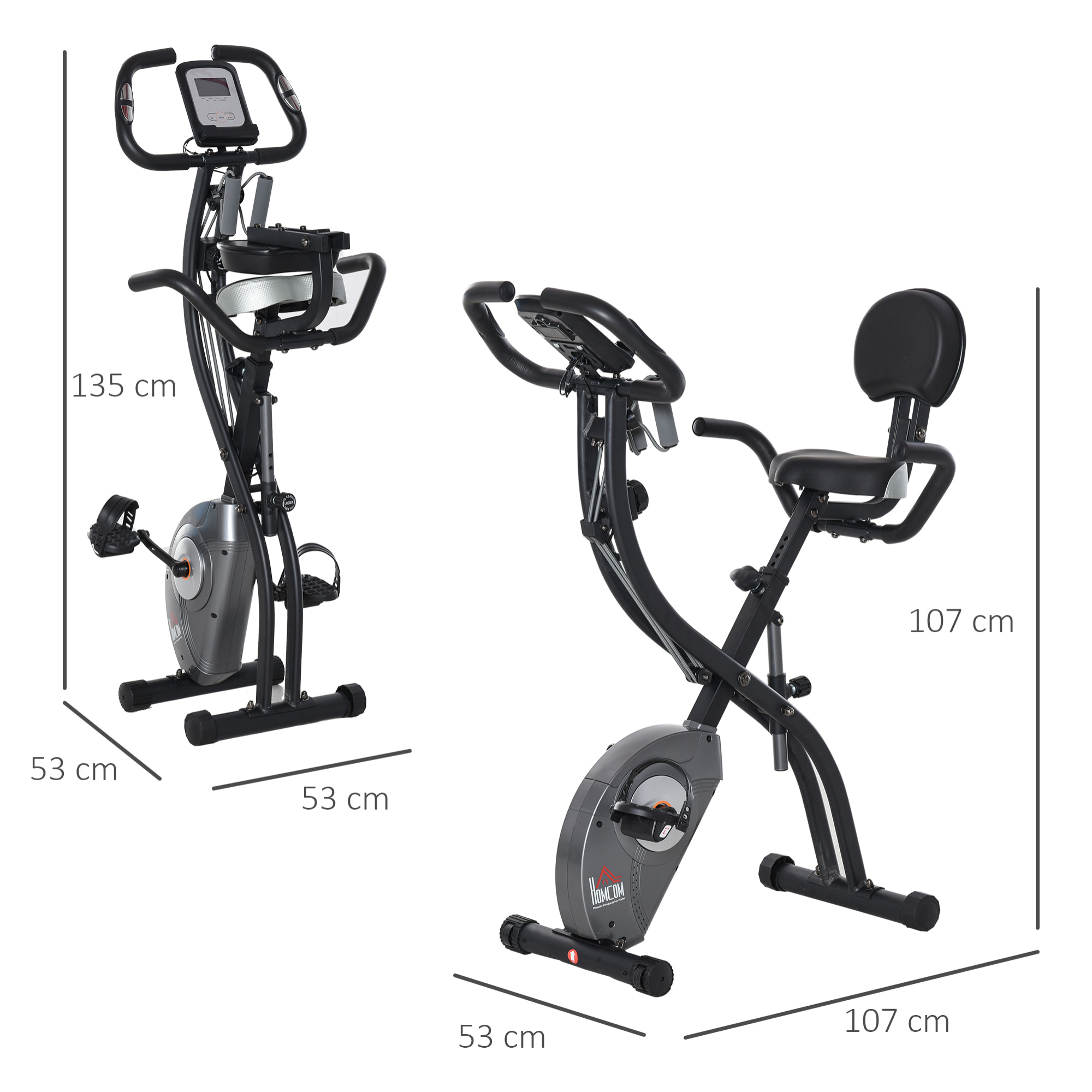 Bicicleta Estática Plegable Resistencia Magnética Ajustable de 8 Niveles con Sensor de Pulso Pantalla LCD Sillín Regulable Respaldo Bandas para Entrenamiento en Casa 107x53x107 cm Negro