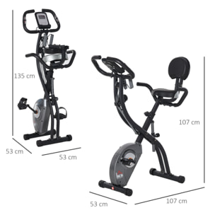 Bicicleta Estática Plegable Resistencia Magnética Ajustable de 8 Niveles con Sensor de Pulso Pantalla LCD Sillín Regulable Respaldo Bandas para Entrenamiento en Casa 107x53x107 cm Negro