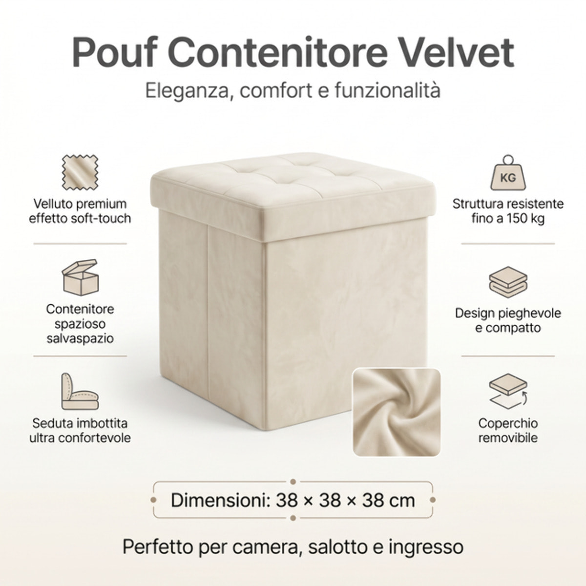 Pouf contenitore in velluto 38x38x38 cm, cubo imbottito con vano interno, seduta elegante effetto velvet trapuntato, resistente fino a 150 kg, salvaspazio ideale per camera soggiorno ingresso e cameretta