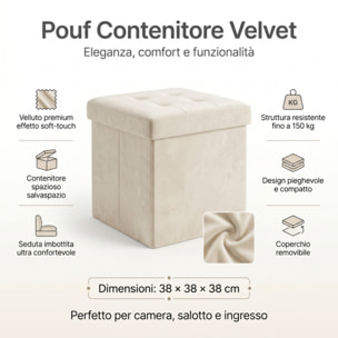Pouf contenitore in velluto 38x38x38 cm, cubo imbottito con vano interno, seduta elegante effetto velvet trapuntato, resistente fino a 150 kg, salvaspazio ideale per camera soggiorno ingresso e cameretta