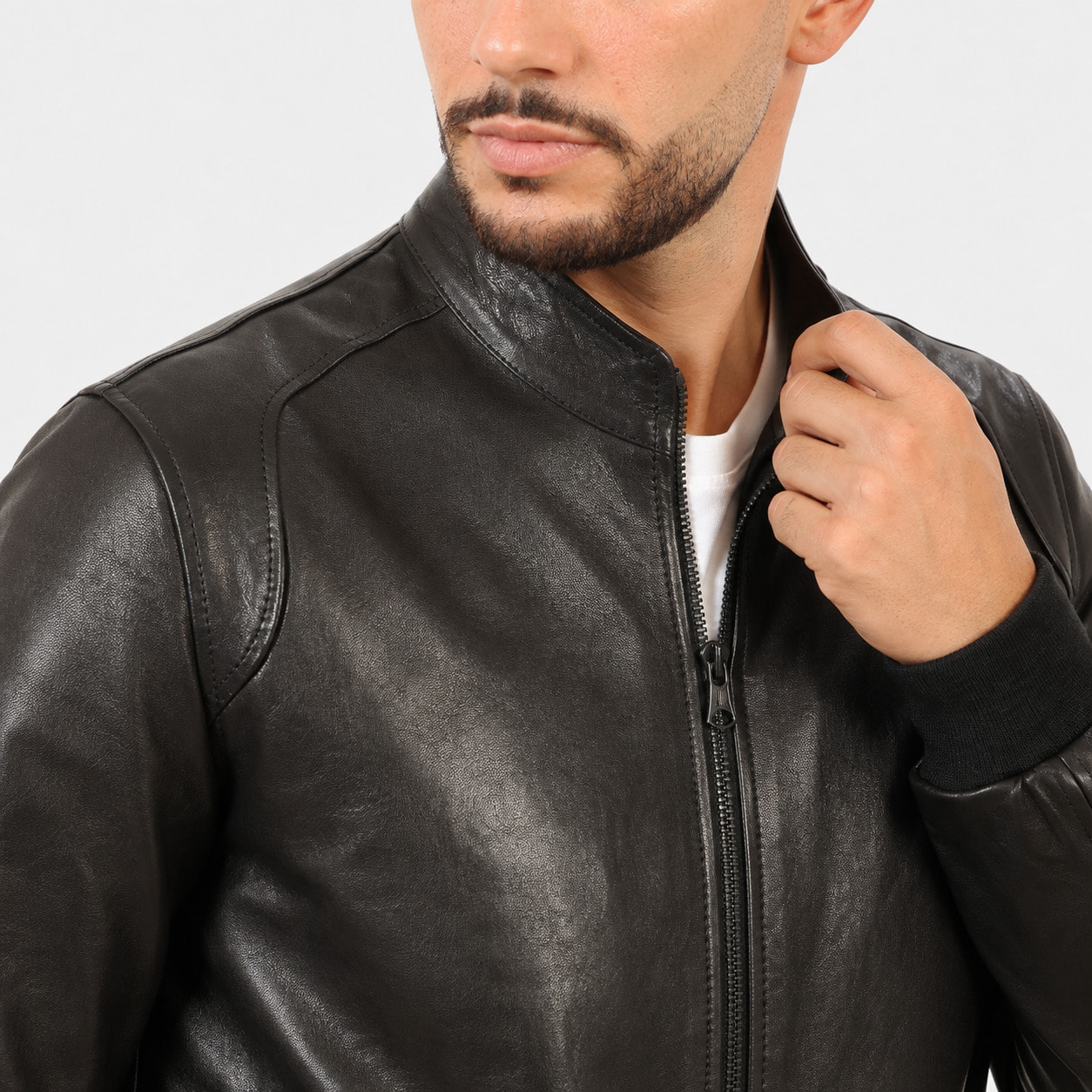 Giubbino in vera pelle di vitello Nero-Slim Fit