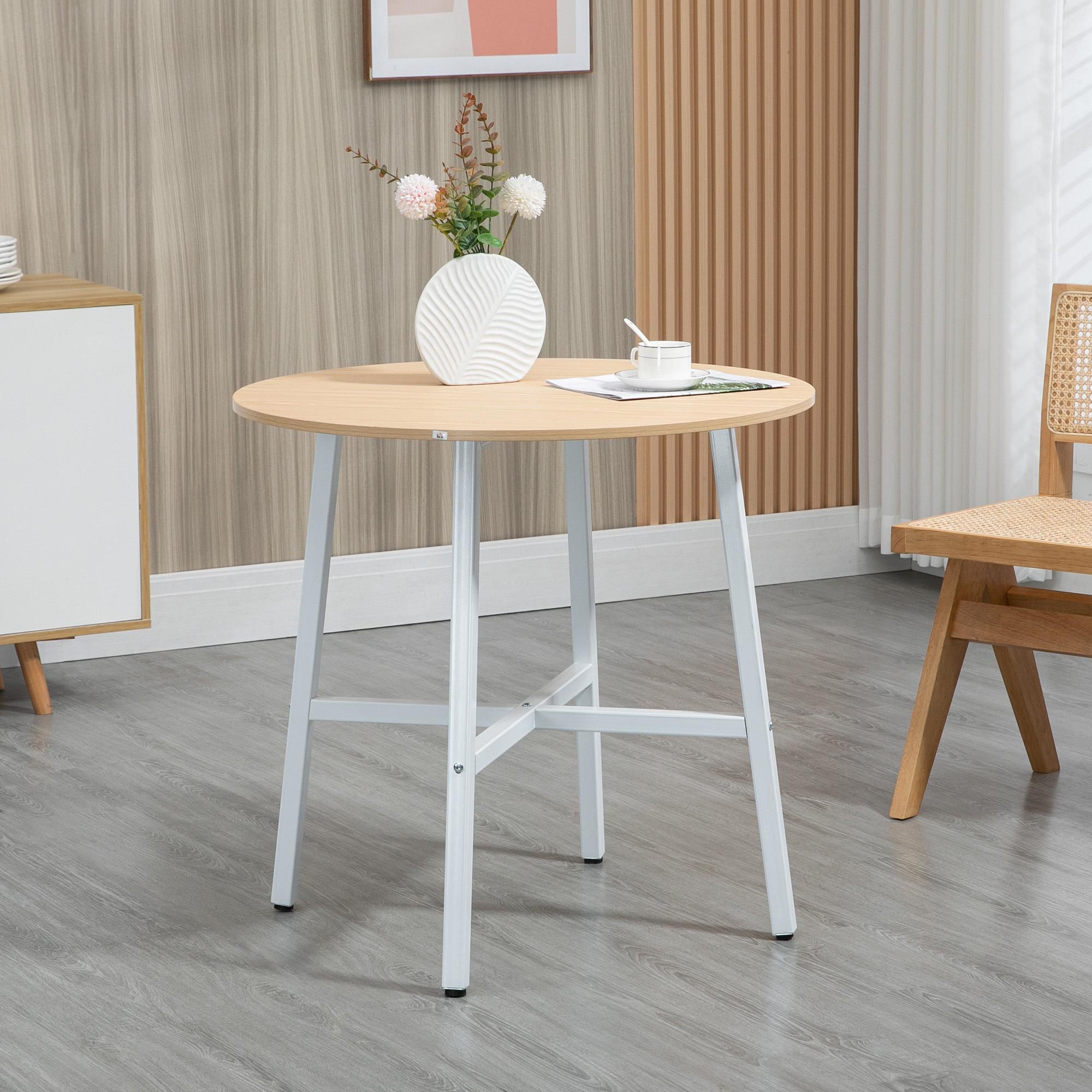 Mesa de Comedor Redonda para 4 Personas Mesa de Cocina Moderna con Patas de Acero para Salón Oficina Ø80x76 cm Natural y Blanco