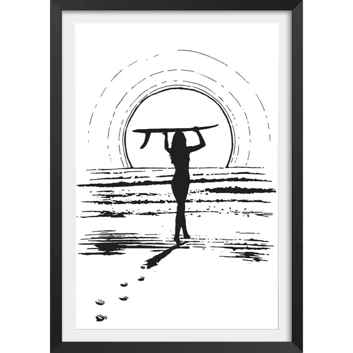 Poster surfeuse sunset Affiche + cadre en bois - Noir