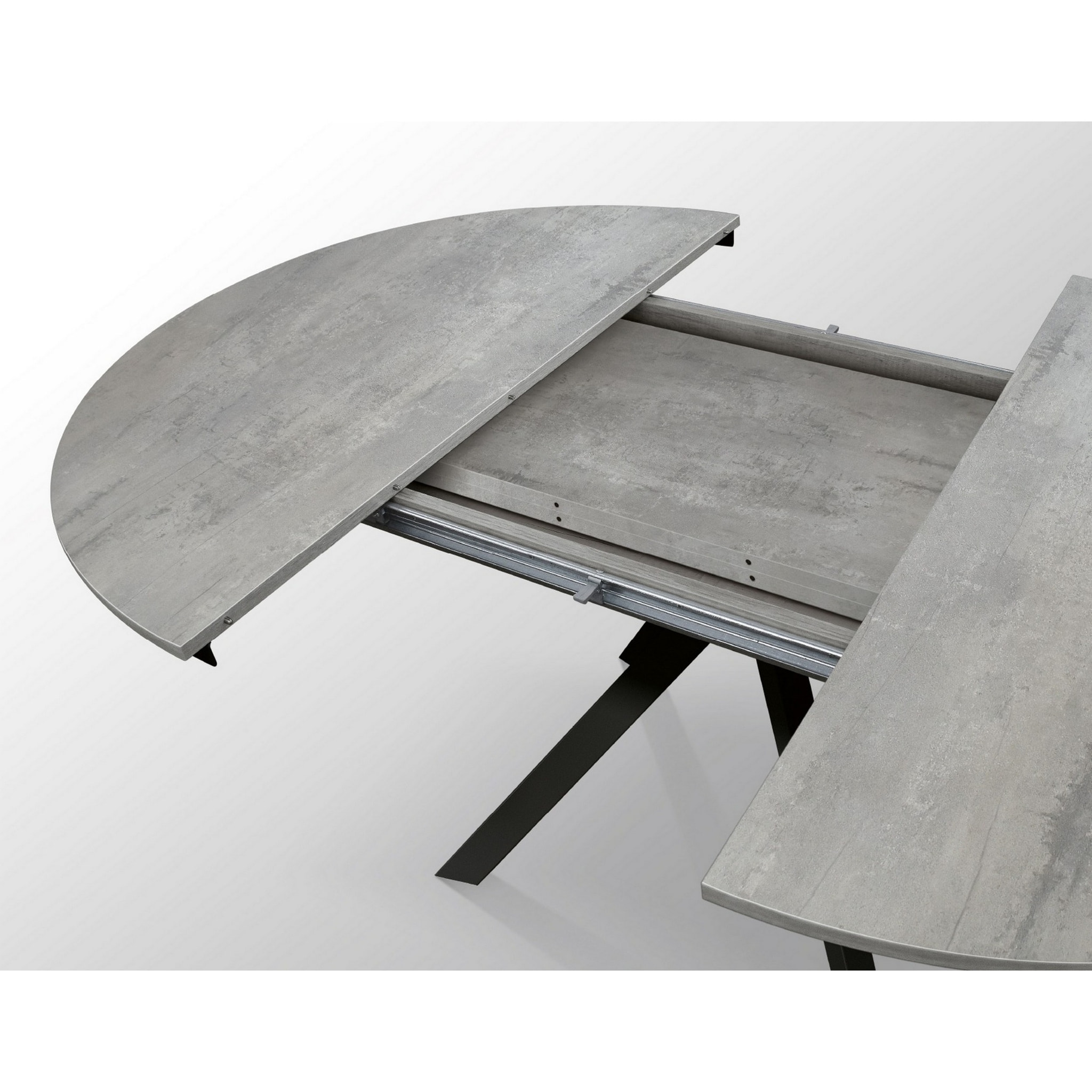 Tavolo rotondo PANTELLERIA in legno effetto grigio cemento con gambe incrociate in metallo antracite, allungabile ⌀120 cm - ⌀170 cm