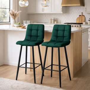 Lot de 2 tabourets de bar – Velours capitonné – Repose-pieds