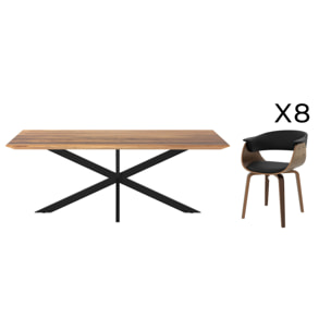 Table et chaises 8 personnes Piada en cuir synthetique noir et bois