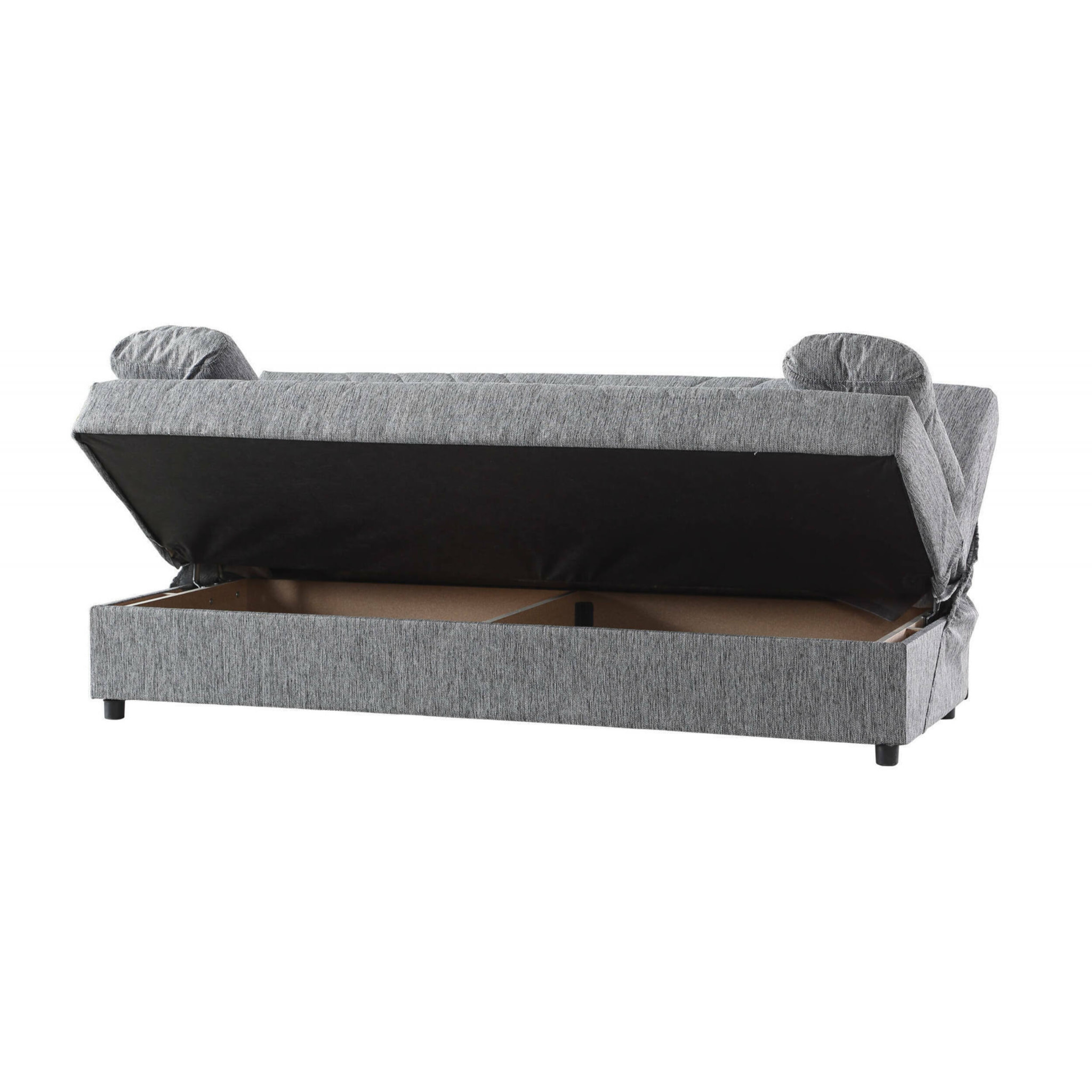 Divano letto Ramon, Divano letto contenitore a 3 posti con 2 cuscini inclusi, Sofà da soggiorno in tessuto imbottito con apertura click-clack, Cm 181x81h88, Grigio