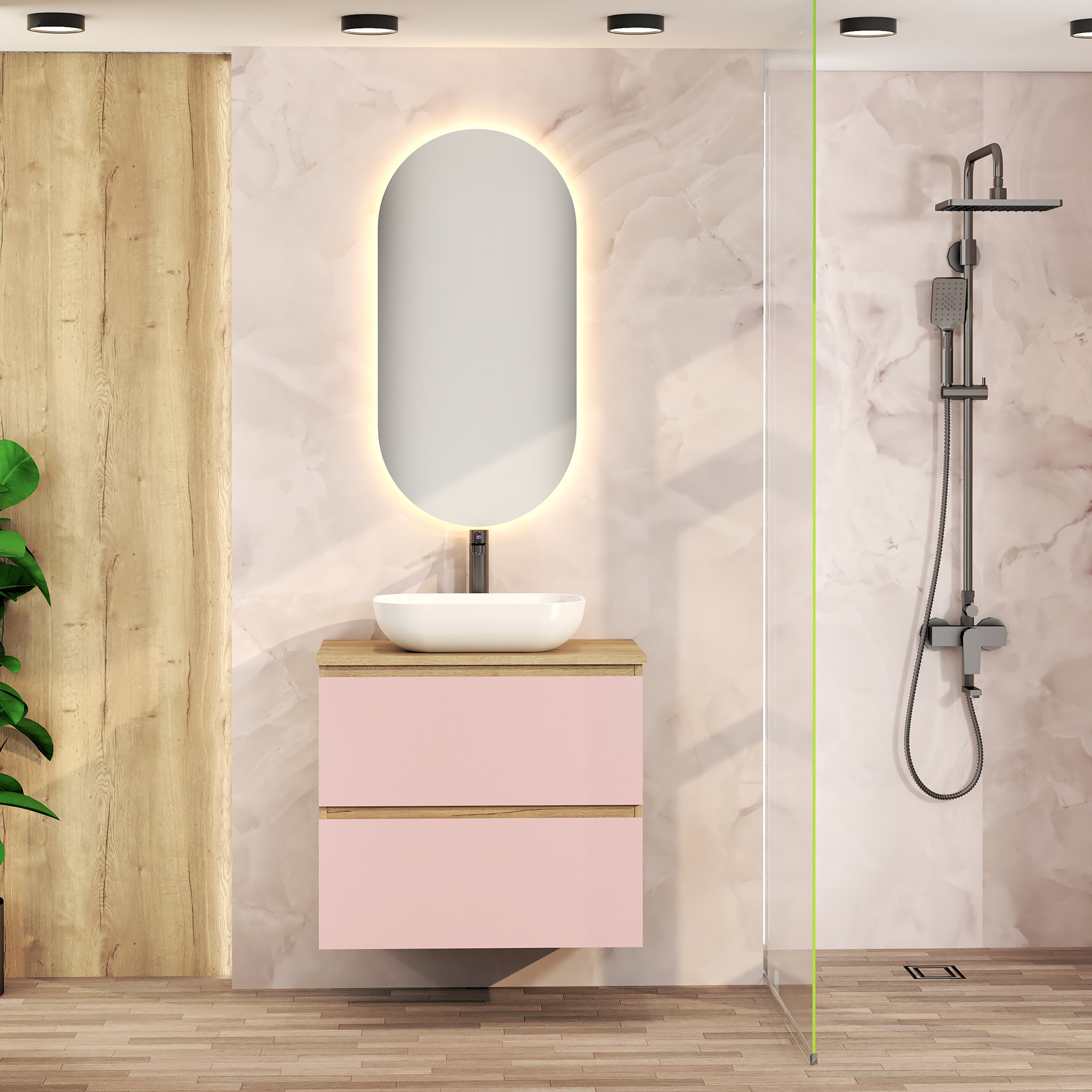ENSEMBLE DE SALLE DE BAIN NIA | MEUBLE SUSPENDU | 70 CM ROSE | DEUX TIROIRS |LAVABO SUR PLAN | MIROIR NON INCLUS | MEUBLE MONTÉ | ALDAY