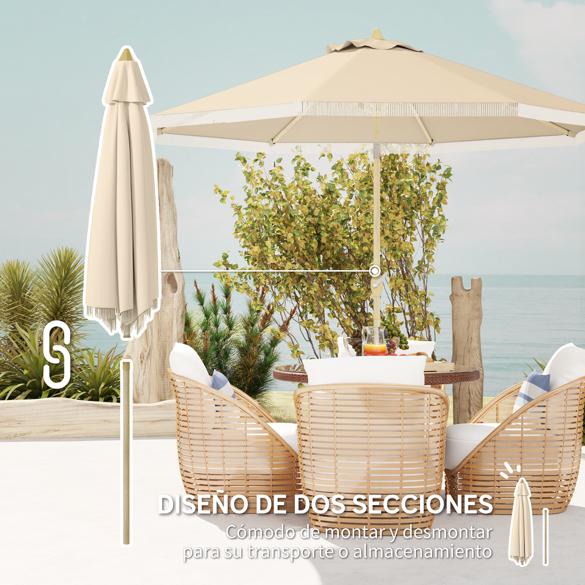 Sombrilla Terraza Exterior, Ø265x244 cm, Sombrilla de Jardín con Ángulo Ajustable, Manivela, Flecos de Estilo Boho, Impermeable, Parasol para Patio, Terraza, Crema