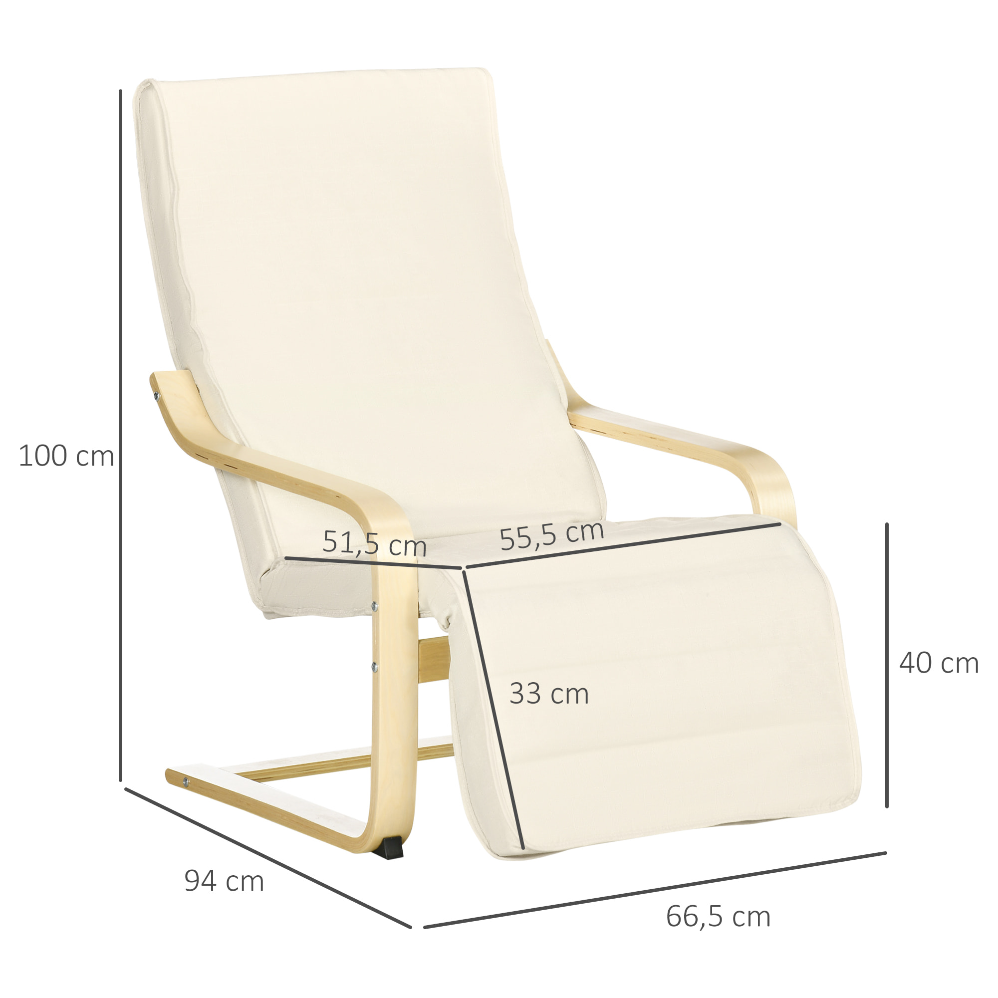 Sillón de Salón con Reposapiés Ajustable Silla Relax Butaca Tapizado en Tela con Marco de Madera Carga 120 kg para Oficina Estudio Dormitorio 66,5x94x100 cm Crema