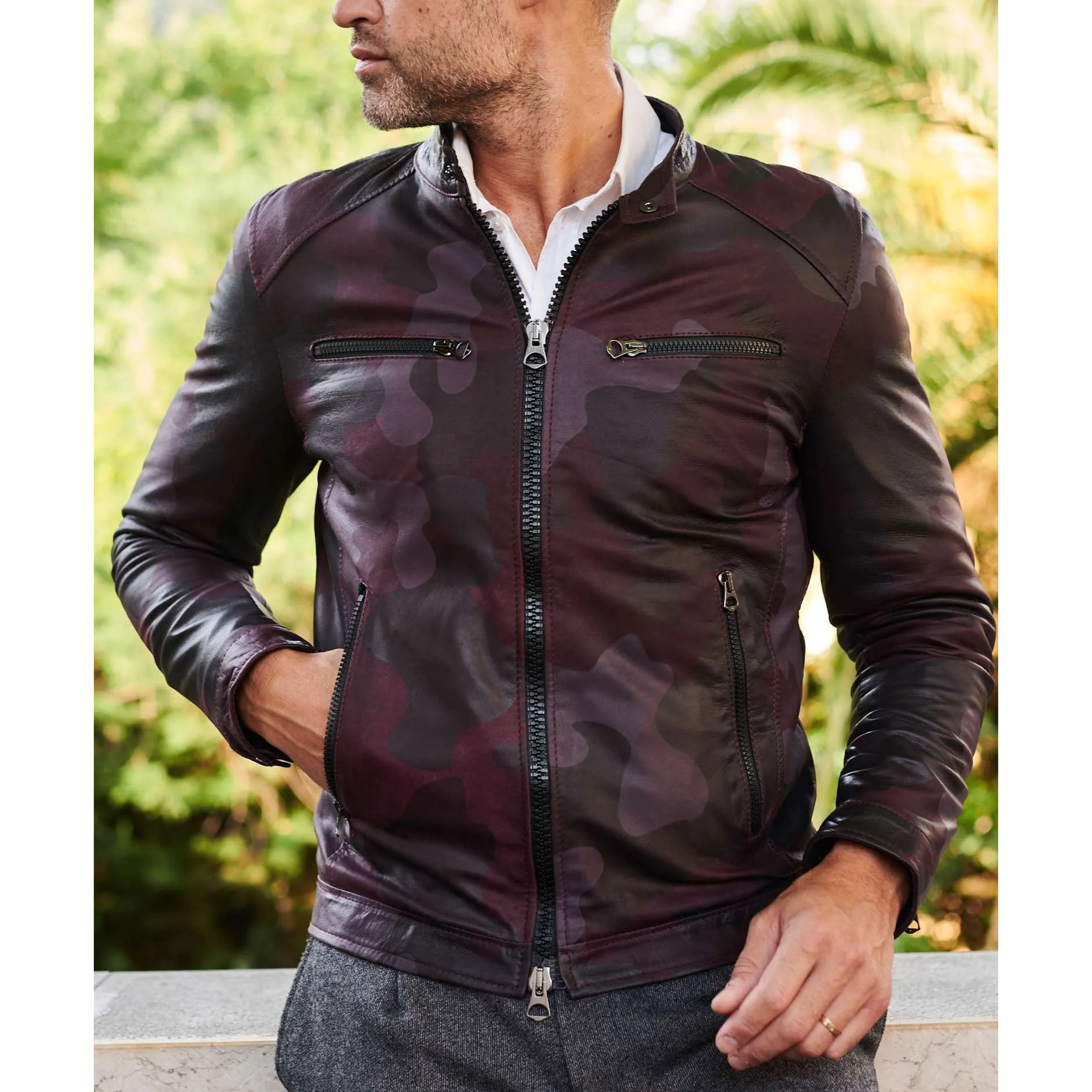 Giacca in pelle militare bordeaux effetto liscio