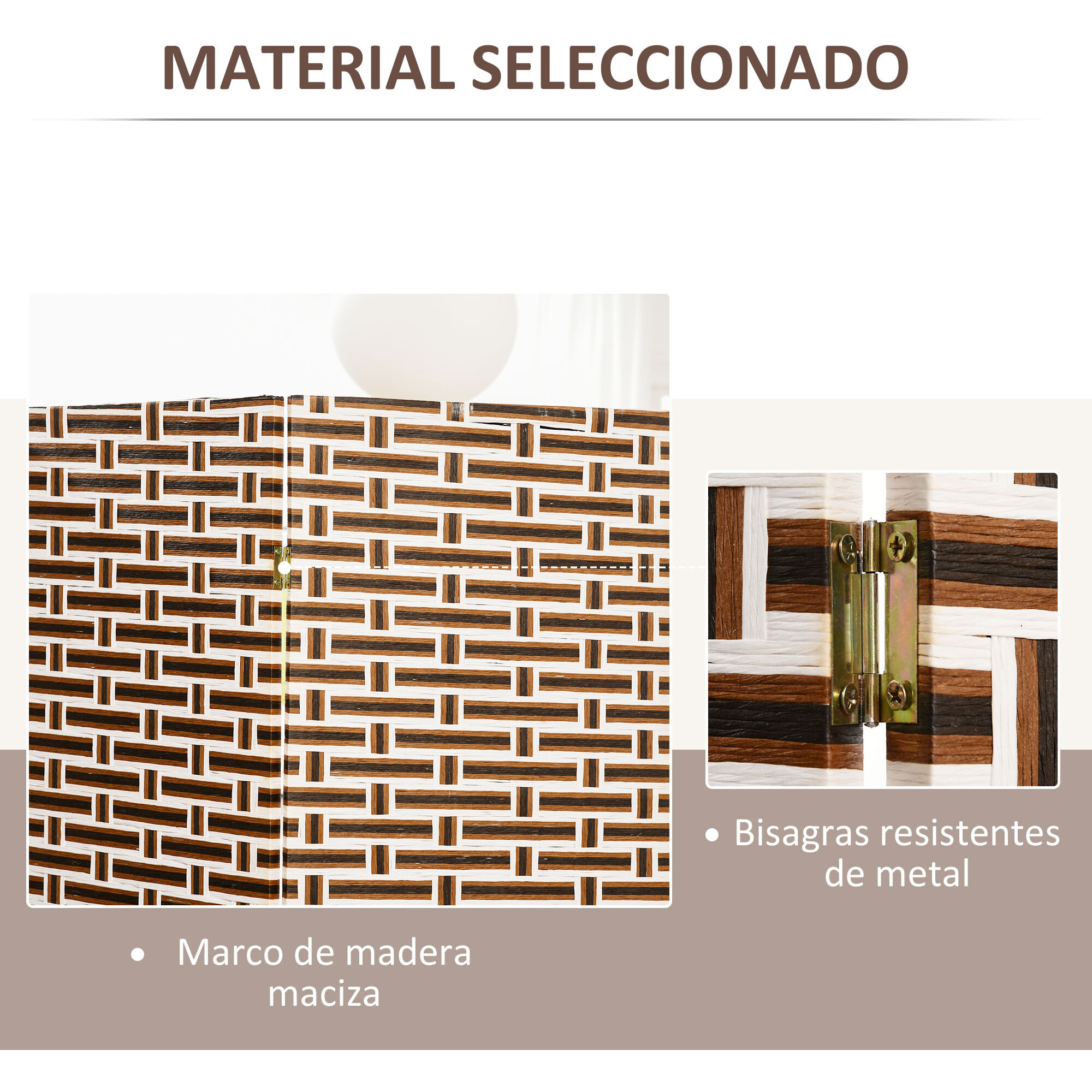 Divisor de Habitación de 4 Paneles Biombo Plegable 180x180 cm Separador de Ambientes Decoración Elegante para Dormitorio Salón Cocina Marrón Blanco