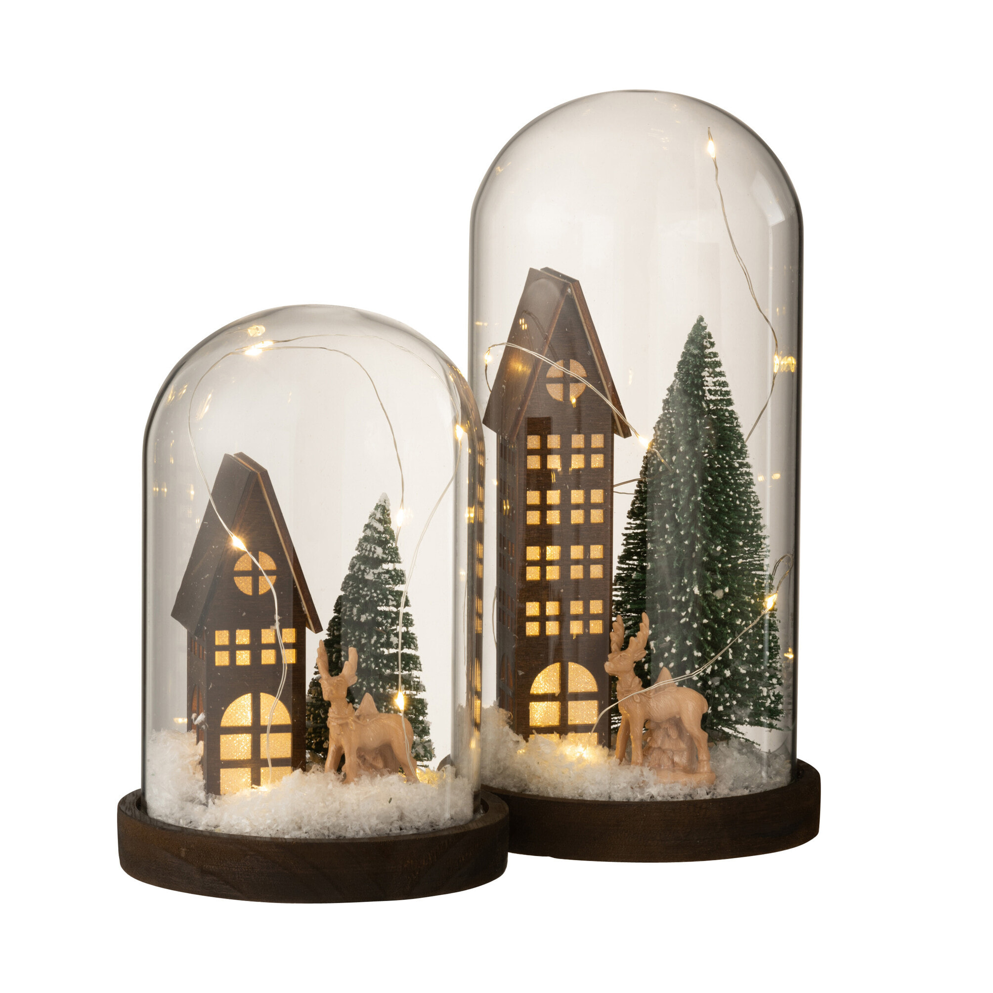 J-Line décoration Cloche Village de Noël - verre/bois - marron/vert - large - LED