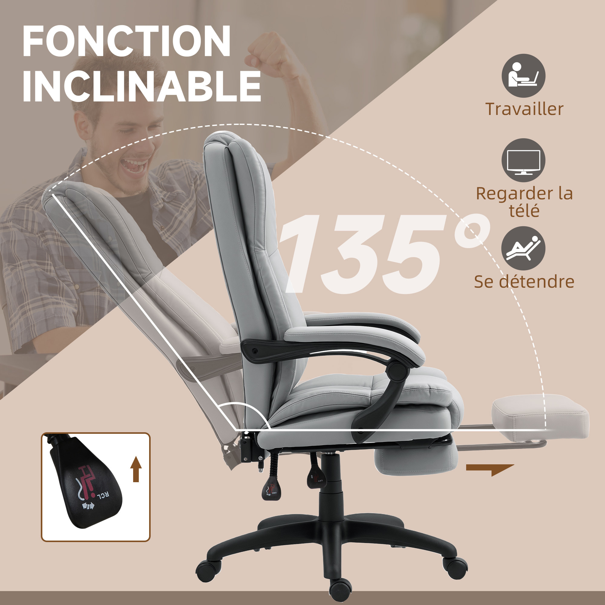 Fauteuil bureau massant inclinable réglable repose-pieds rétractable grand confort synthétique gris