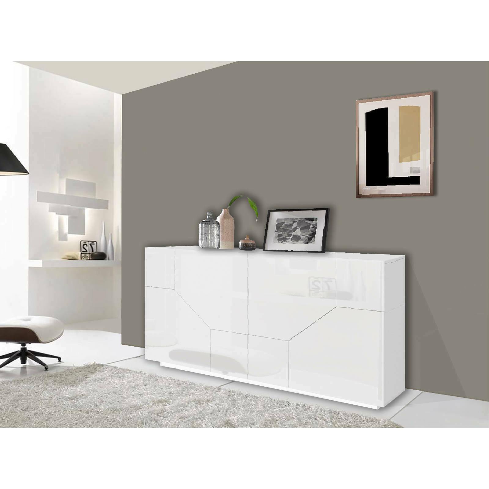 Credenza moderna a 4 ante geometriche, Made in Italy, Madia da ingresso, Buffet di design da soggiorno, Cm 200x43h86, Bianco lucido