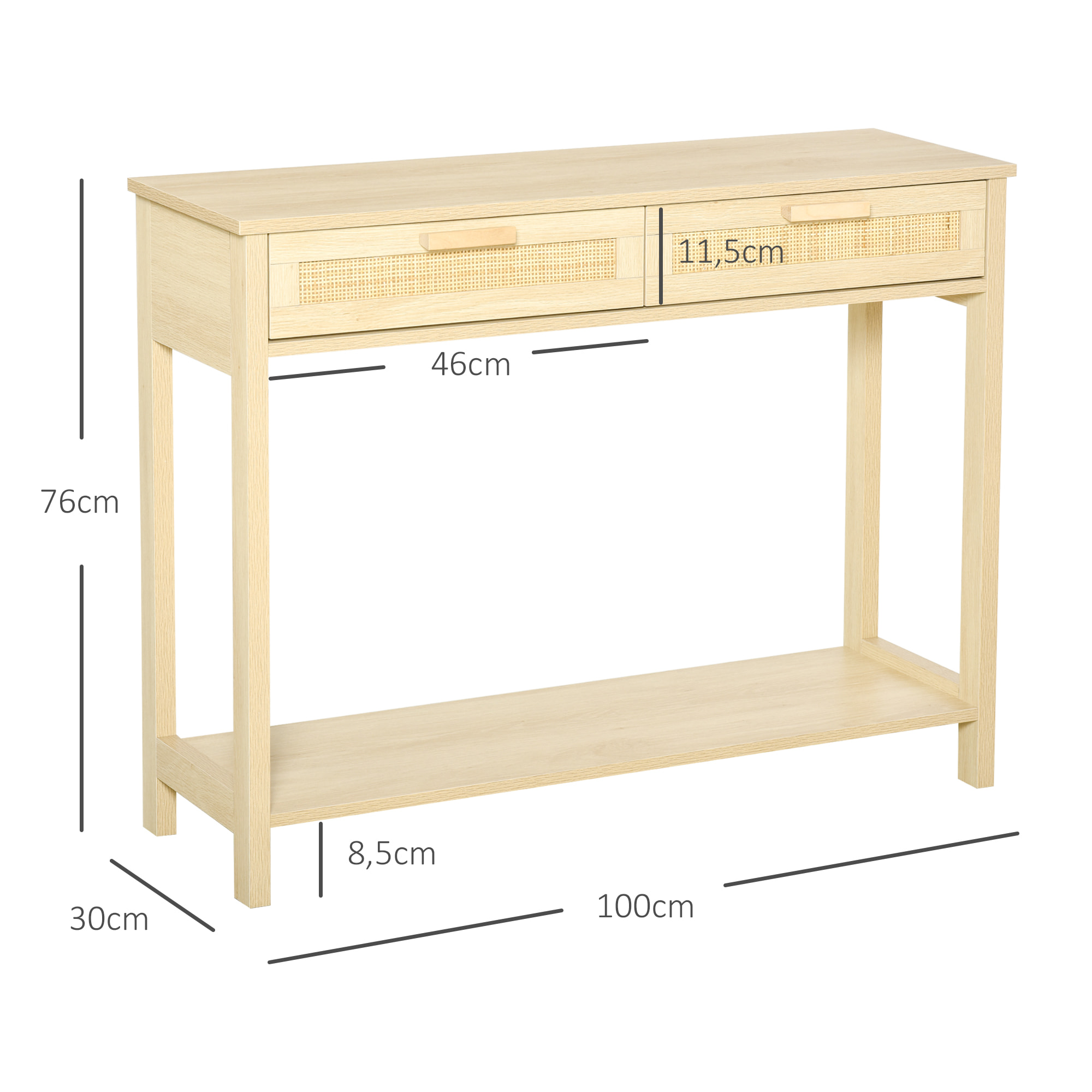 Console table d'appoint dim. 100L x 30l x 76H cm 2 tiroirs façades cannage en rotin étagère MDF aspect bois clair