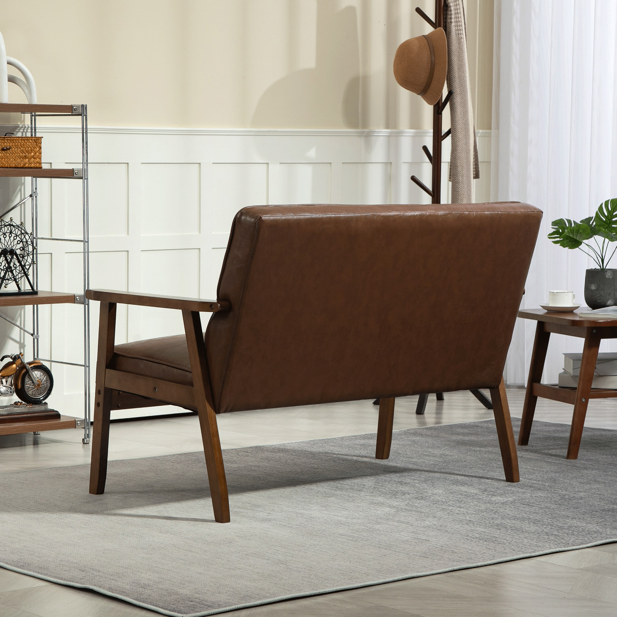 Sofá de 2 Plazas Tapizado en PU Sofá de Salón con Reposabrazos de Madera Respaldo Acolchado Carga 250 kg Sofá Pequeño para Dormitorio Marrón