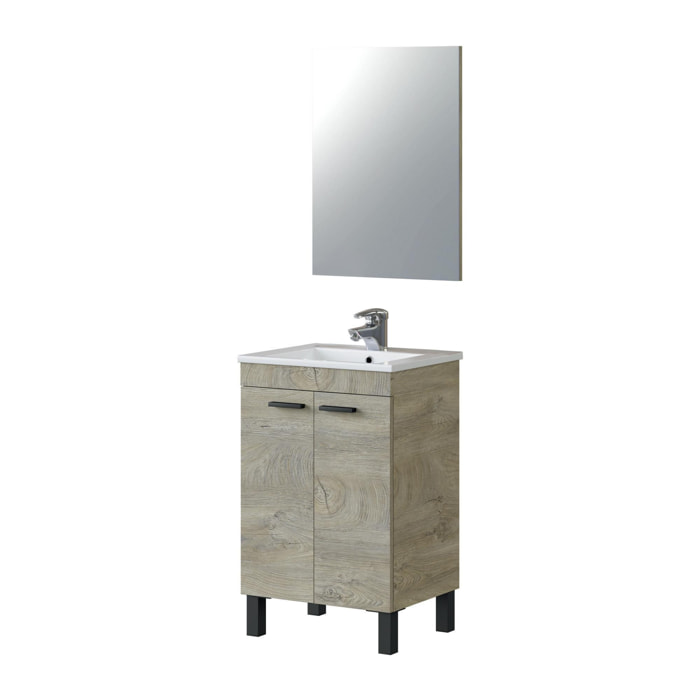 Mobile sottolavabo Naperville, Mobiletto per bagno, Armadio a 2 ante con specchio, lavabo non incluso, cm 50x40h80, Rovere