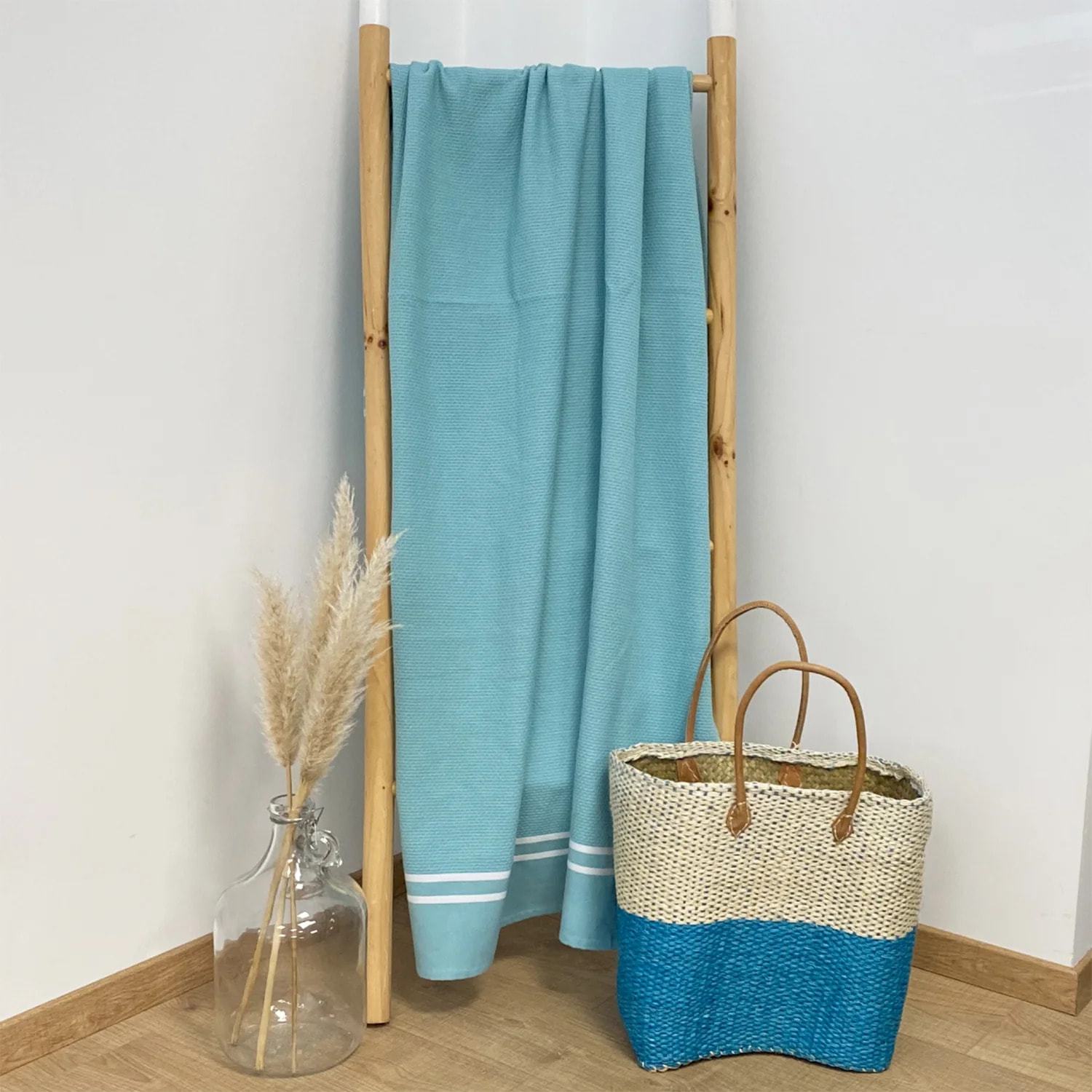 Fouta doublée éponge Waffle Aqua 90x170 355g/m²