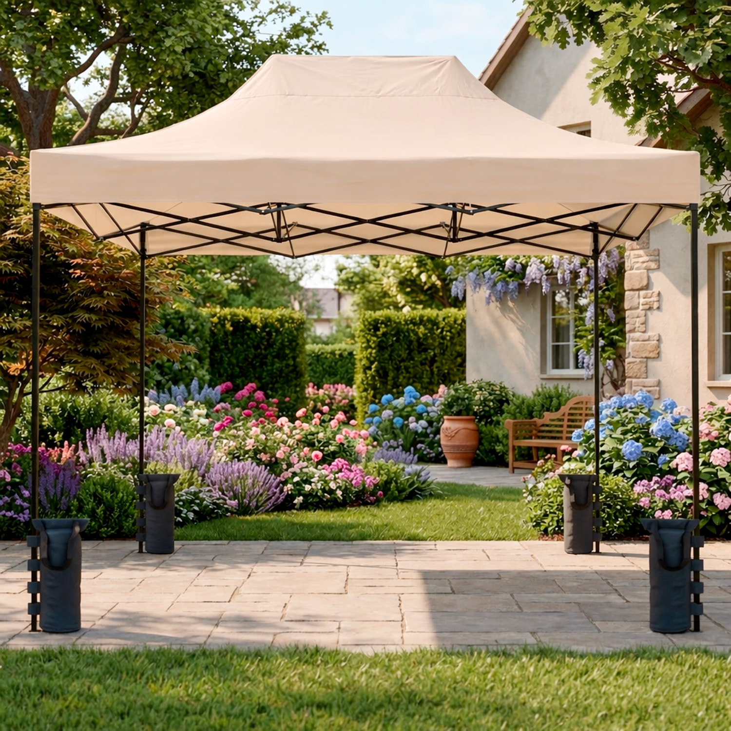 Gazebo Professionale 3x4.5 M Richiudibile Automatico In Acciaio E Telo Oxford 1200D PVC Impermeabile Anti UV Struttura a Fisarmonica con Sacche Beige
