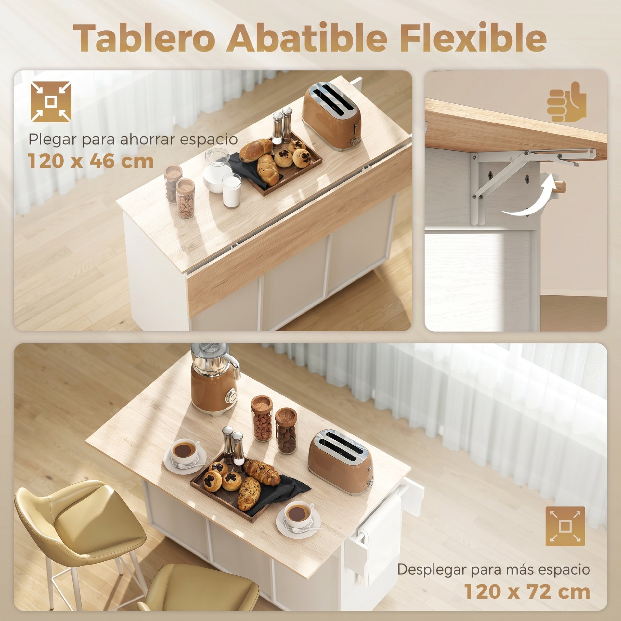 Isla de Cocina con Encimera Extensible, Carro de Cocina con Ruedas, 2 Cajones, 3 Armarios, Estantes en la Puerta, Toallero y Estantes Ajustables, para Comedor, Blanco